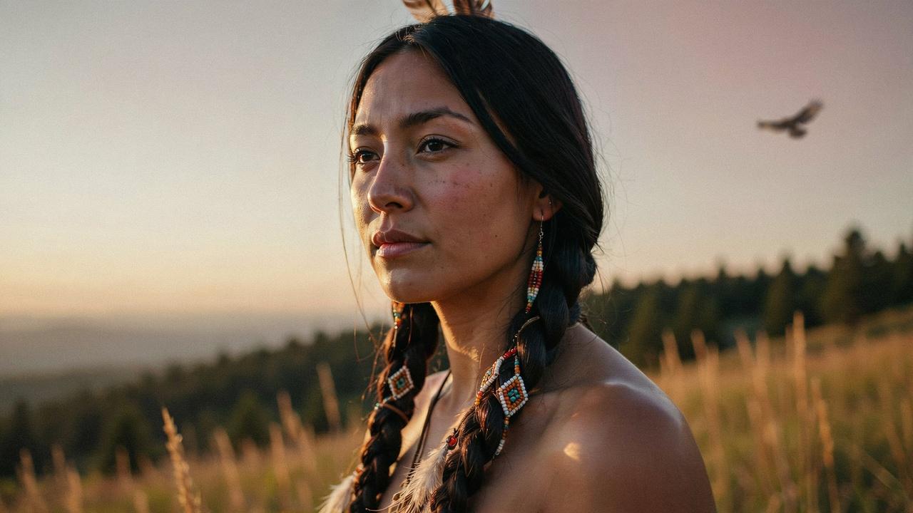 Long braided hairstyle representing Native American cultural traditions.