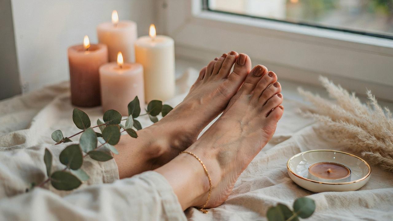 Beautifully groomed feet with a glossy caramel brown pedicure in a warm and elegant spa-inspired setting.