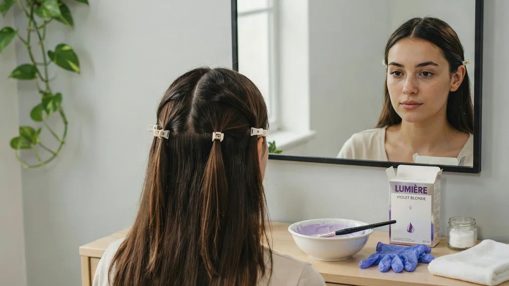 Hair divided into sections before applying hair dye.