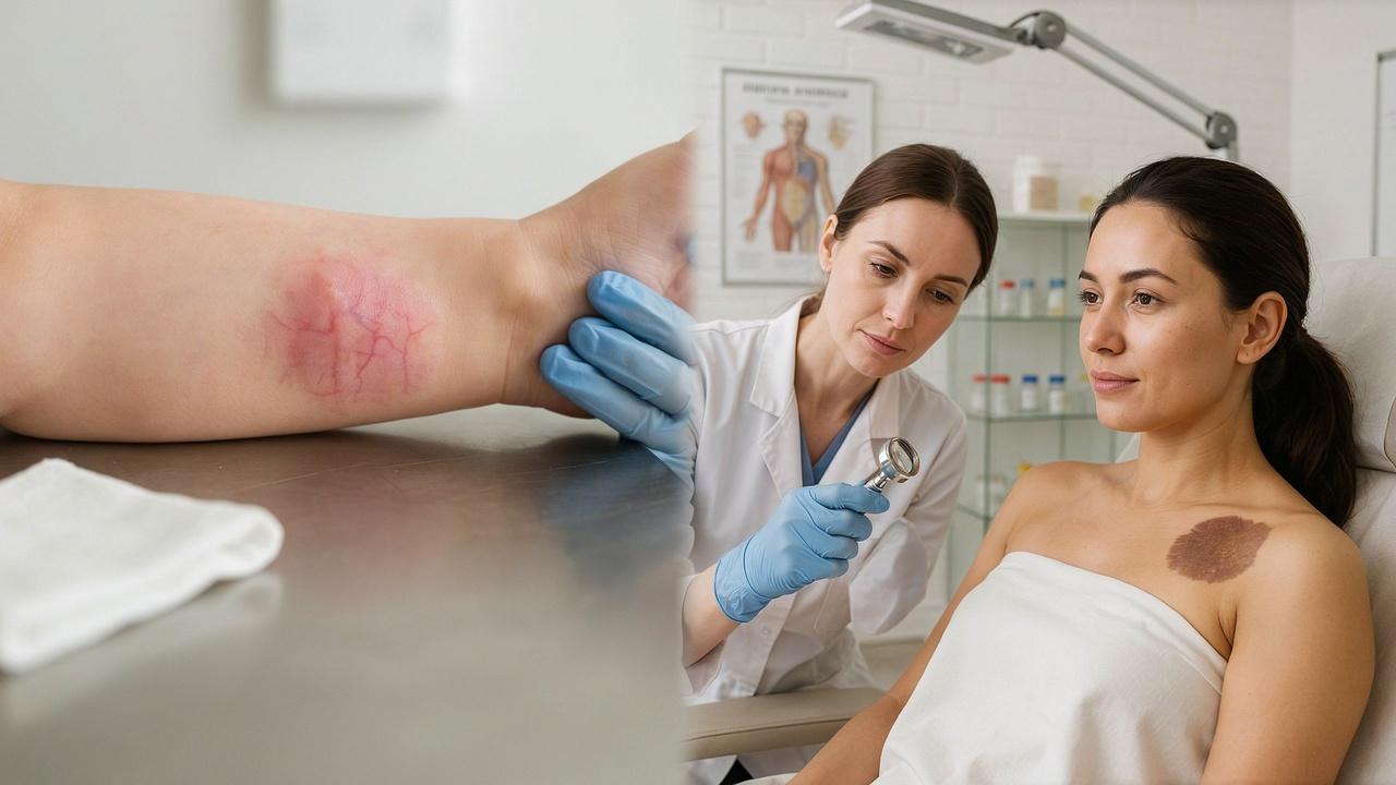 Close-up showing a benign birthmark and a red hemangioma on healthy skin during a dermatology examination.