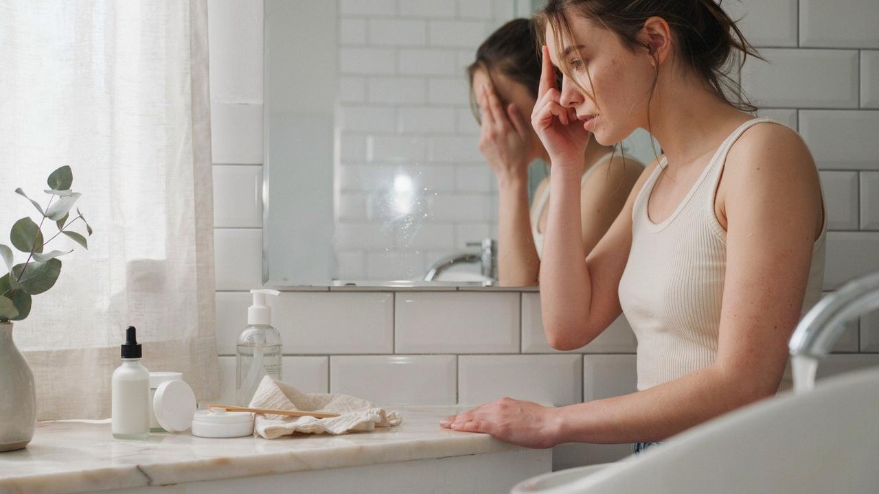Person checking facial acne while following a skincare routine.