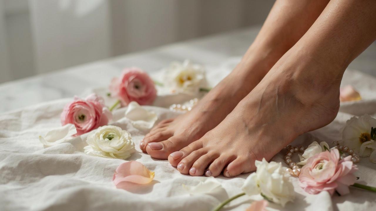Close-up of elegant feet featuring a glossy sheer pink pedicure in a luxurious spa-inspired setting.