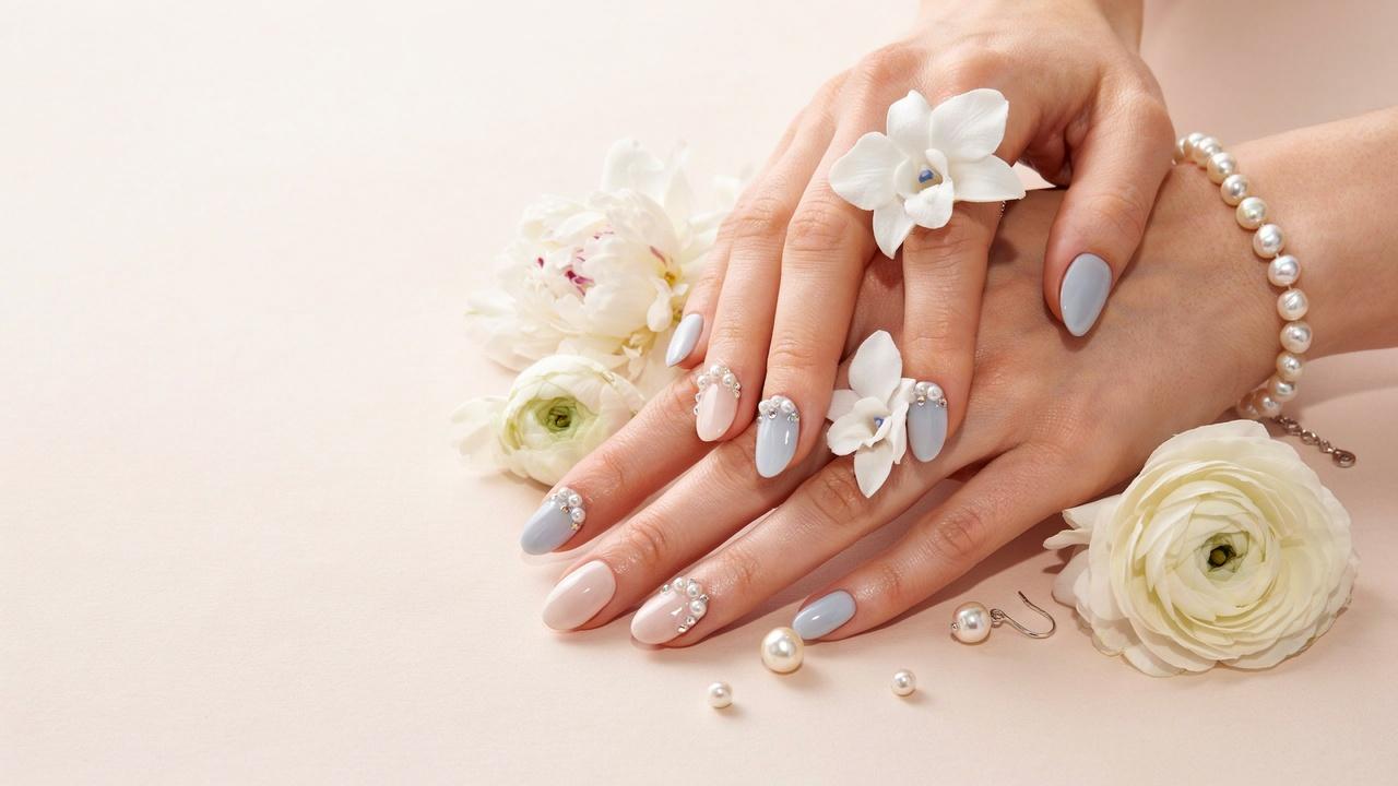 classy white and blue nails decorated with 3D flowers and pearl accents in a luxurious manicure design.