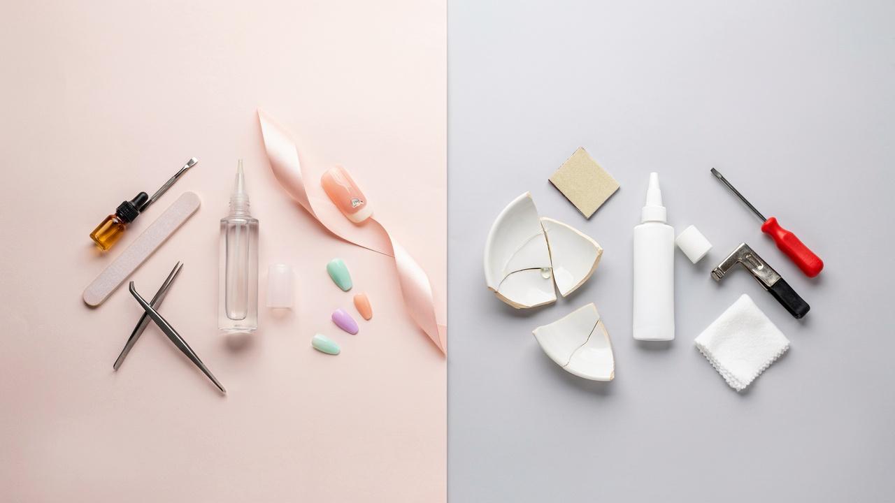Nail glue and super glue displayed side by side with beauty and repair items to compare their strength and uses.