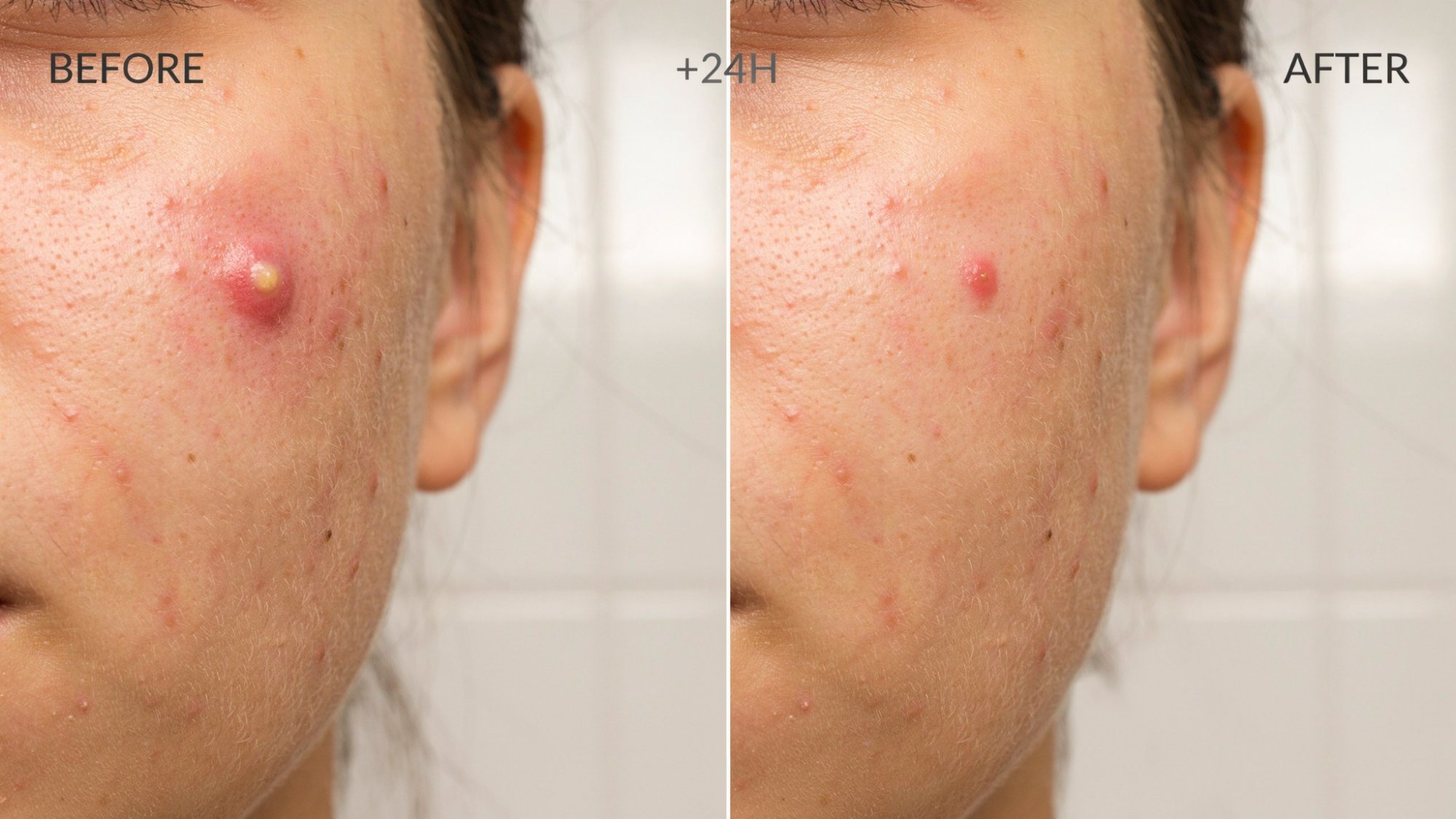 Split image showing a swollen cystic pimple and its slightly reduced swelling the next morning.