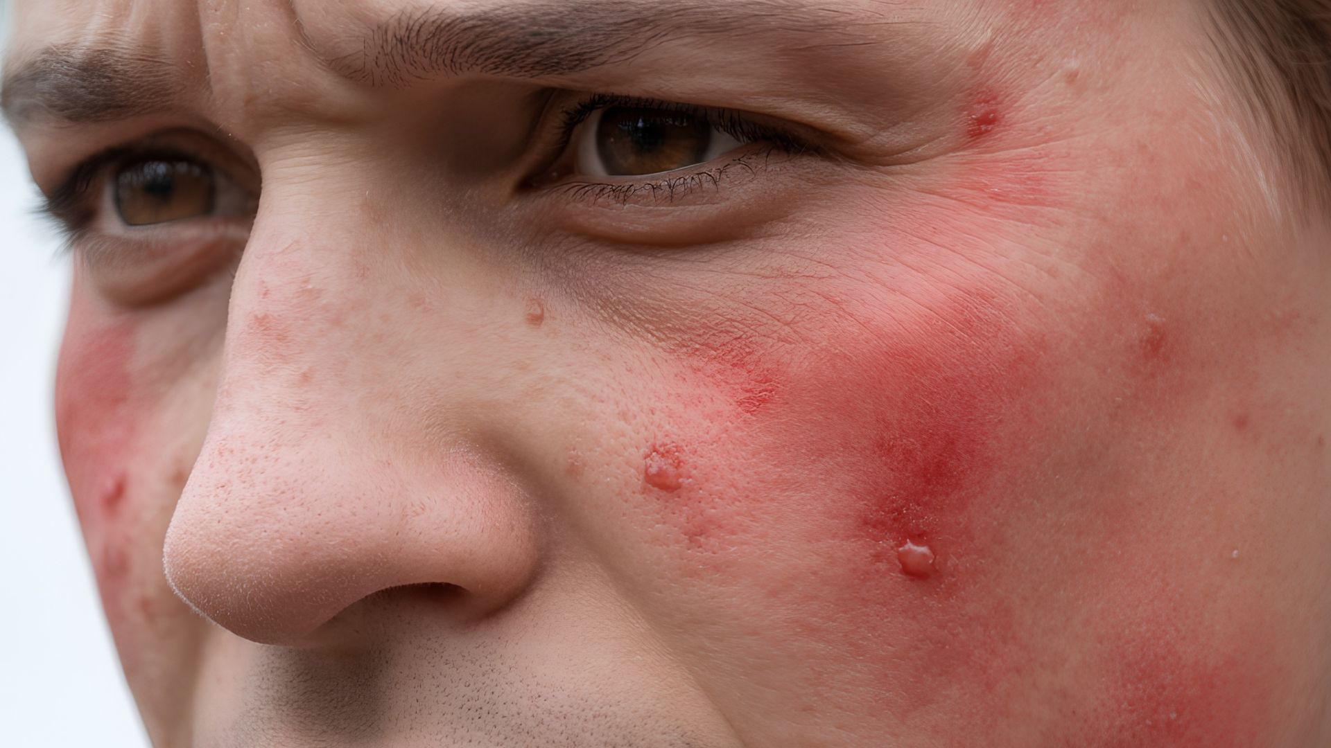 Detailed view of a man’s face with red spots, highlighting the condition face Always Red.