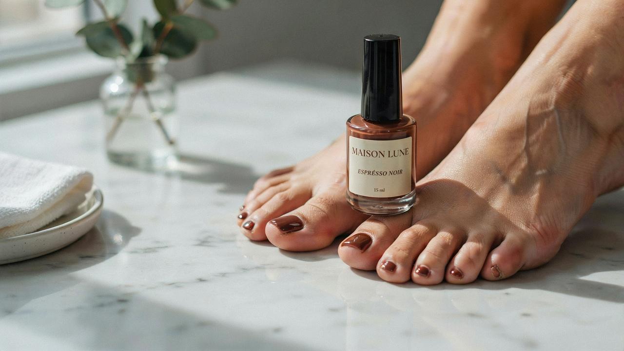 Espresso brown toe nails with a sleek glossy finish.