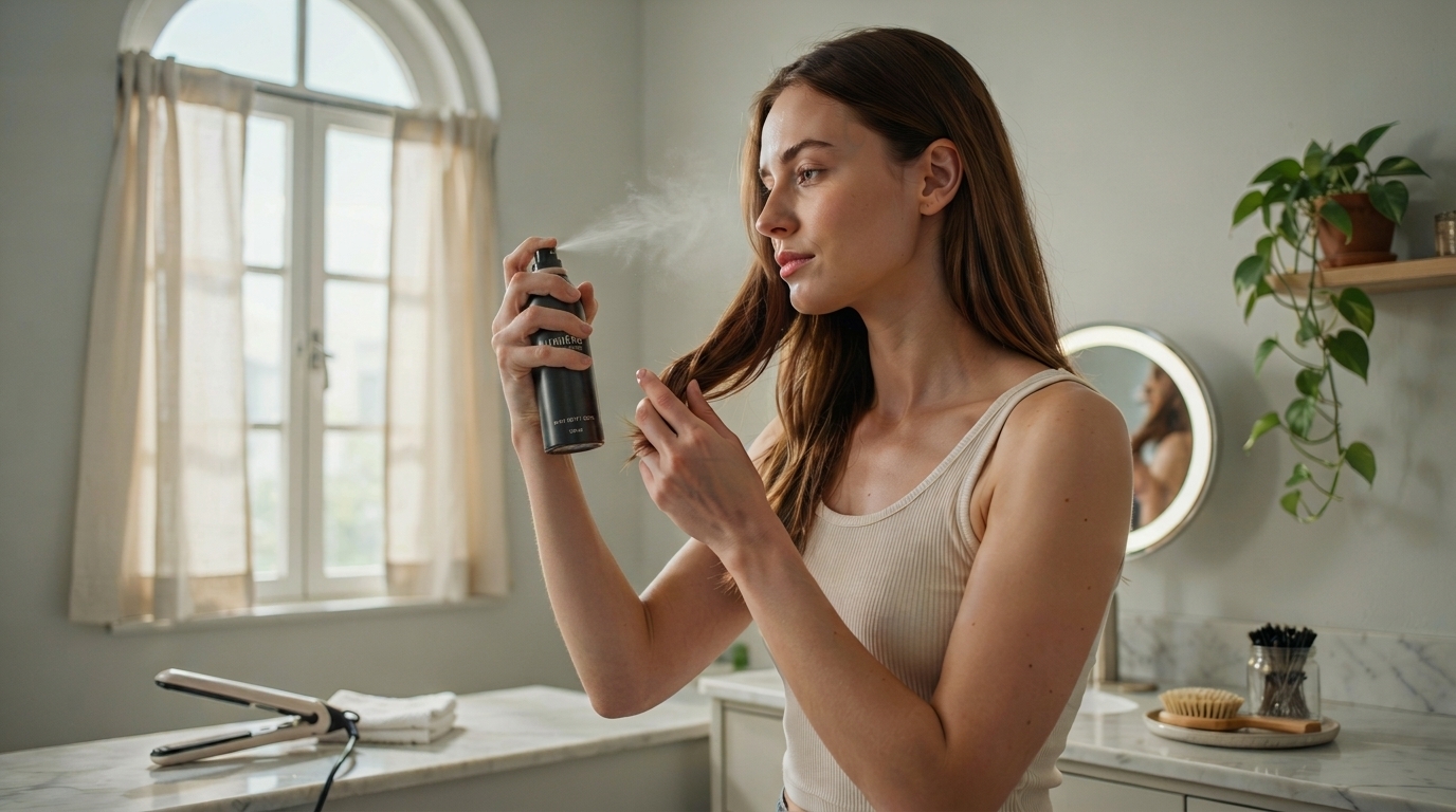 Person protecting hair from heat damage by applying heat protectant before styling.