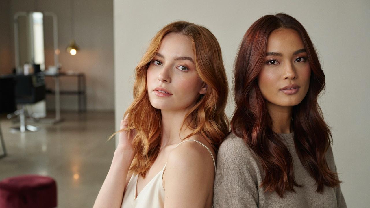 Two women with copper and auburn hair colors demonstrating how each shade complements different skin tones and styles.