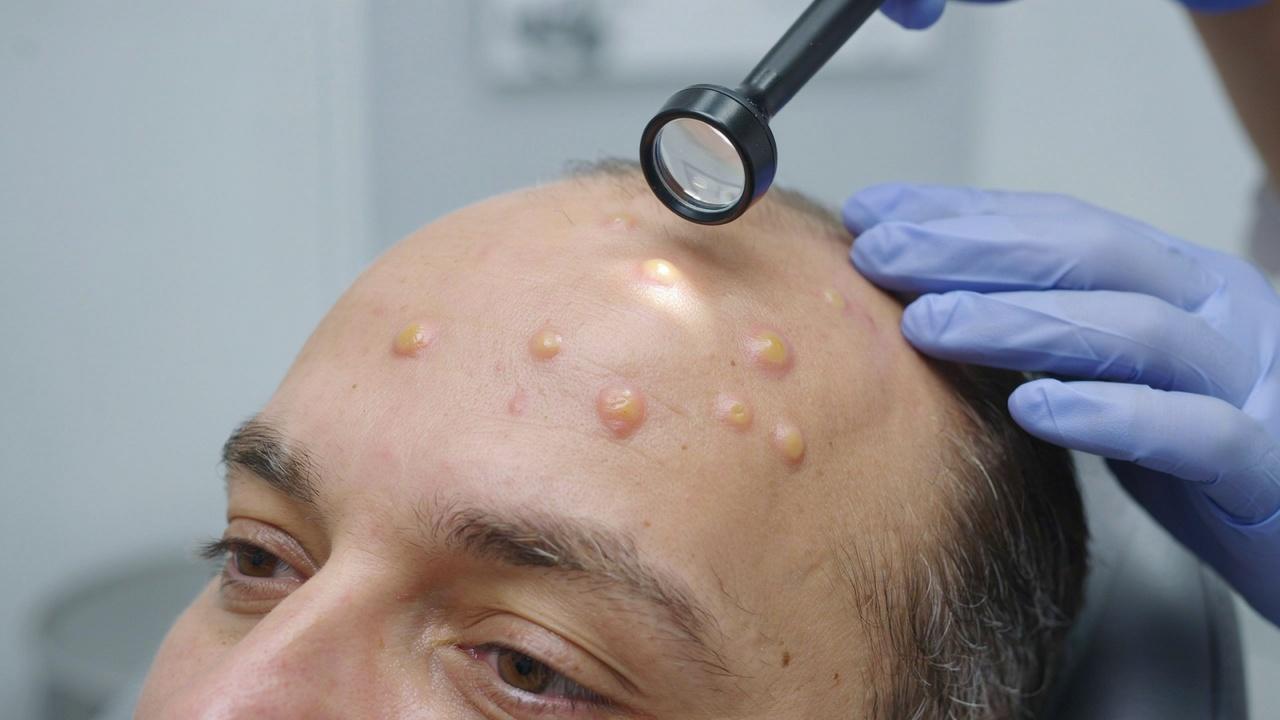 Close-up of small yellowish sebaceous hyperplasia bumps on the face during a dermatology examination.