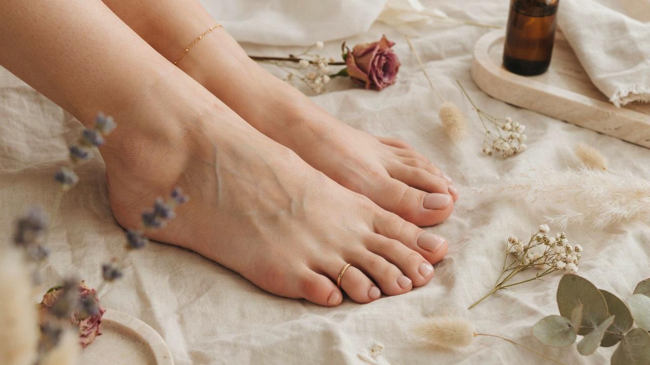 Beautifully groomed feet showcasing a chic matte nude pedicure in a luxurious spa-inspired setting.