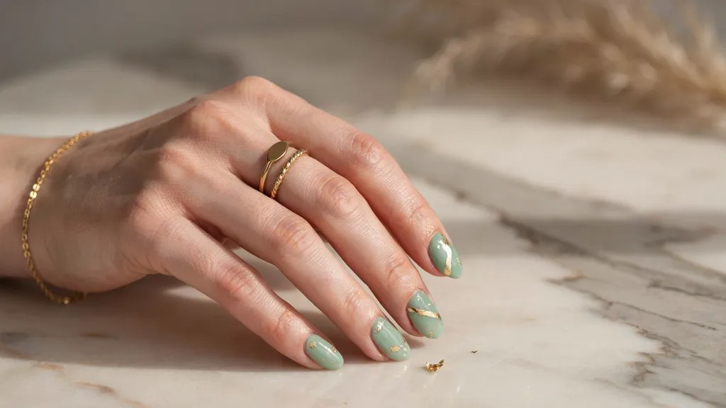 Light green nails enhanced with elegant gold accent details.