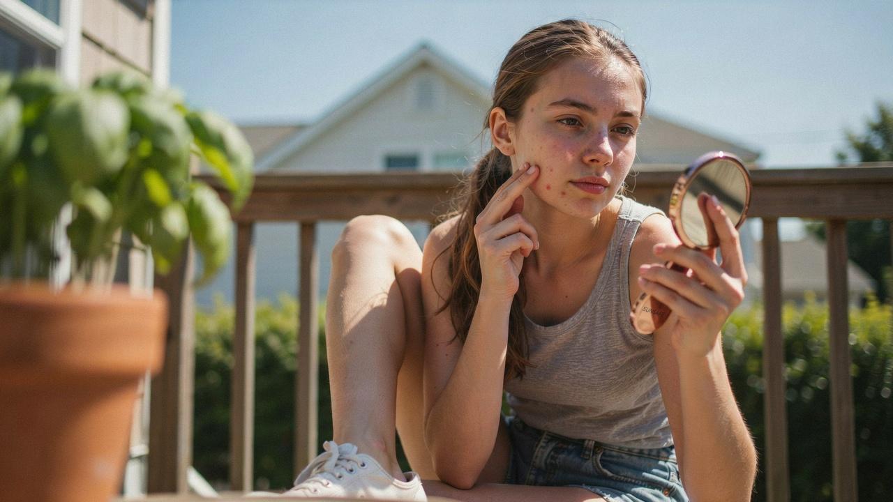 Person checking acne-prone skin after spending time in the sun.