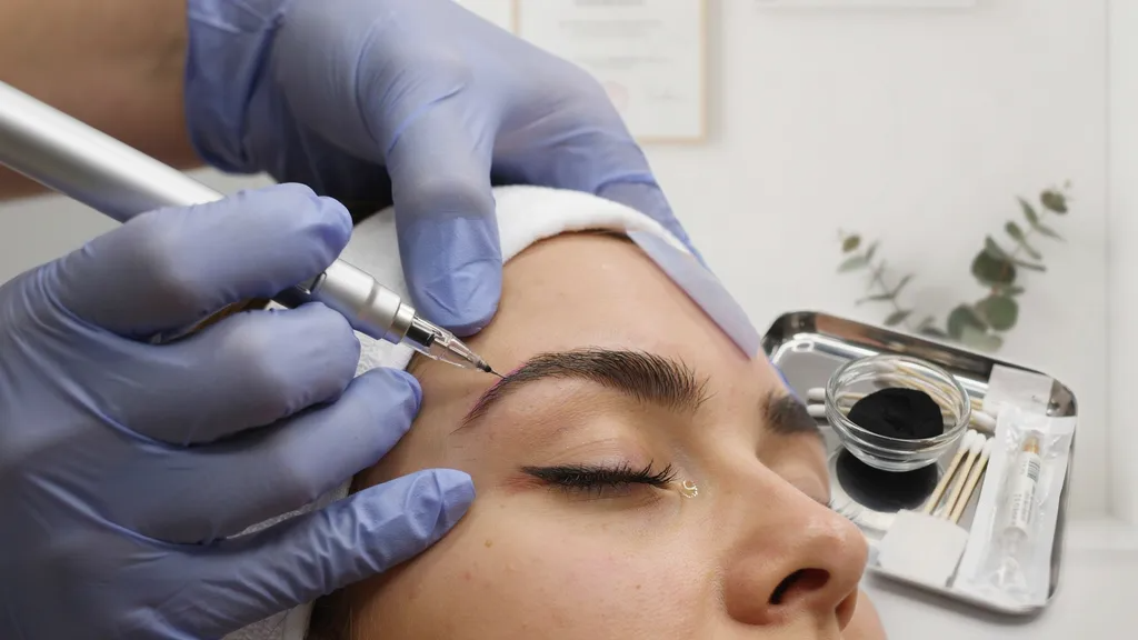 Cosmetic tattoo artist applying permanent eyeliner to the upper lash line.