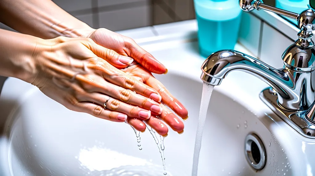 Washing and drying hands before filing nails.
