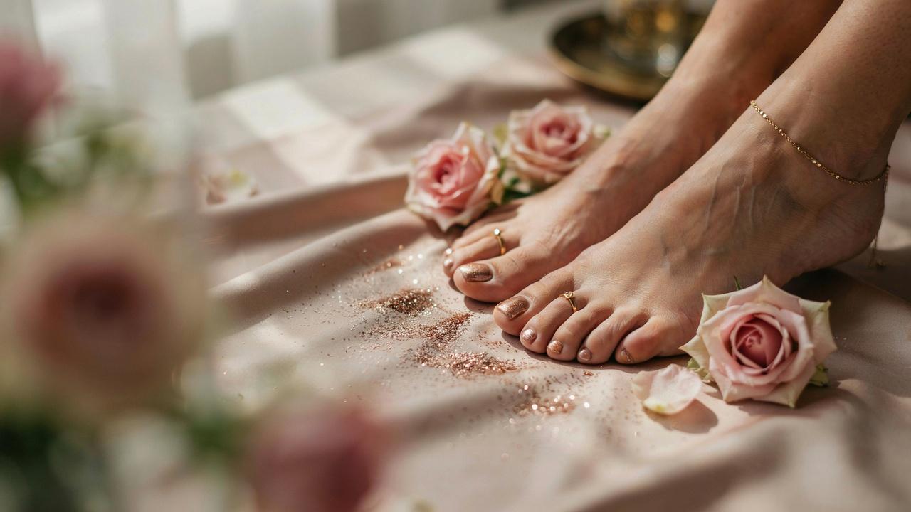 Elegant feet showcasing a sparkling rose gold glitter pedicure in a luxurious spa-inspired setting.