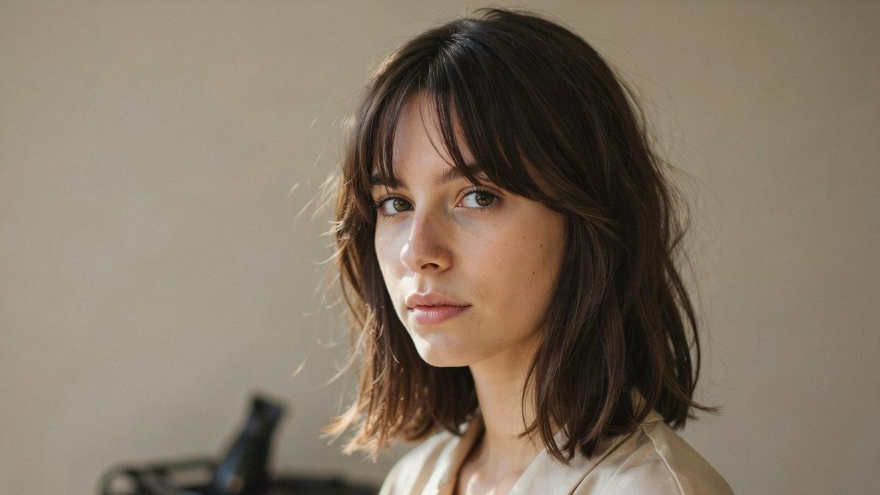 Woman with layered bangs adding texture and volume.