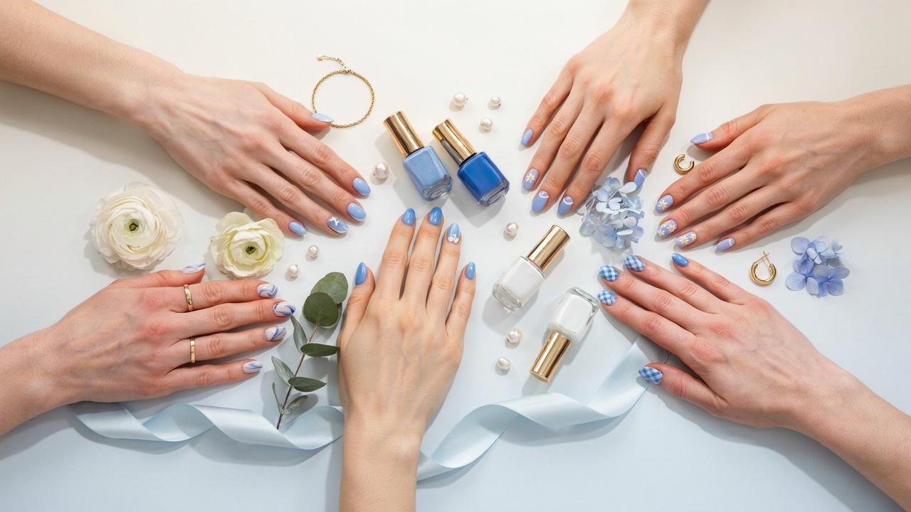 A collection of white and blue nail designs showcasing different manicure styles for inspiration.