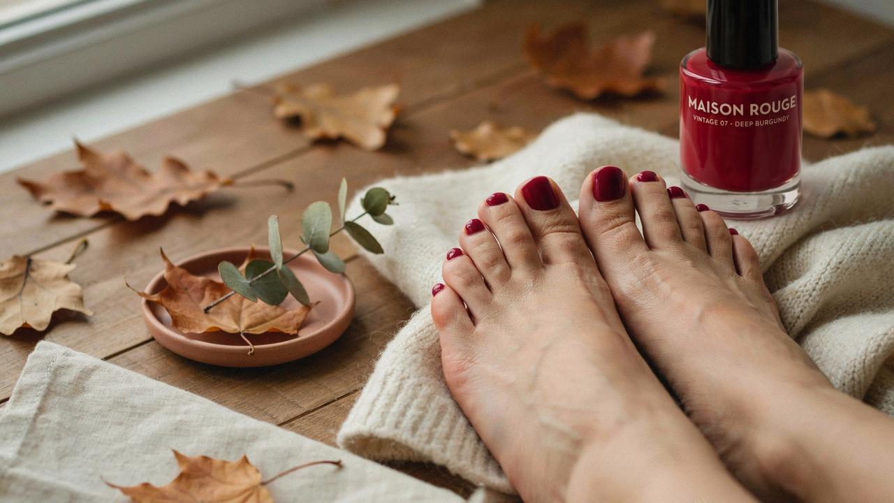 Burgundy pedicure with rich glossy dark red toenails.