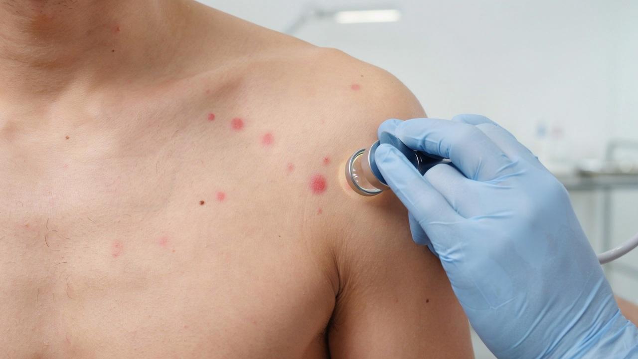 Close-up of healthy skin with several small bright red cherry angiomas during a dermatology examination.