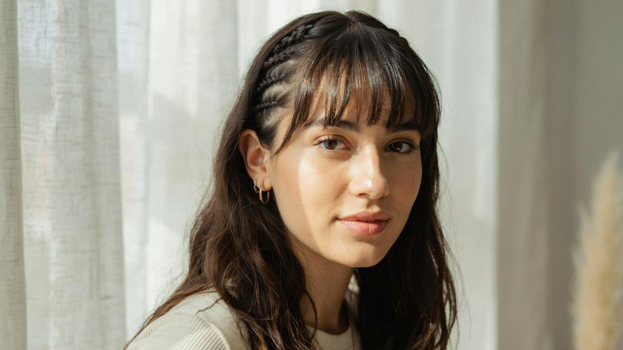 Woman with braided bangs styled across the hairline.