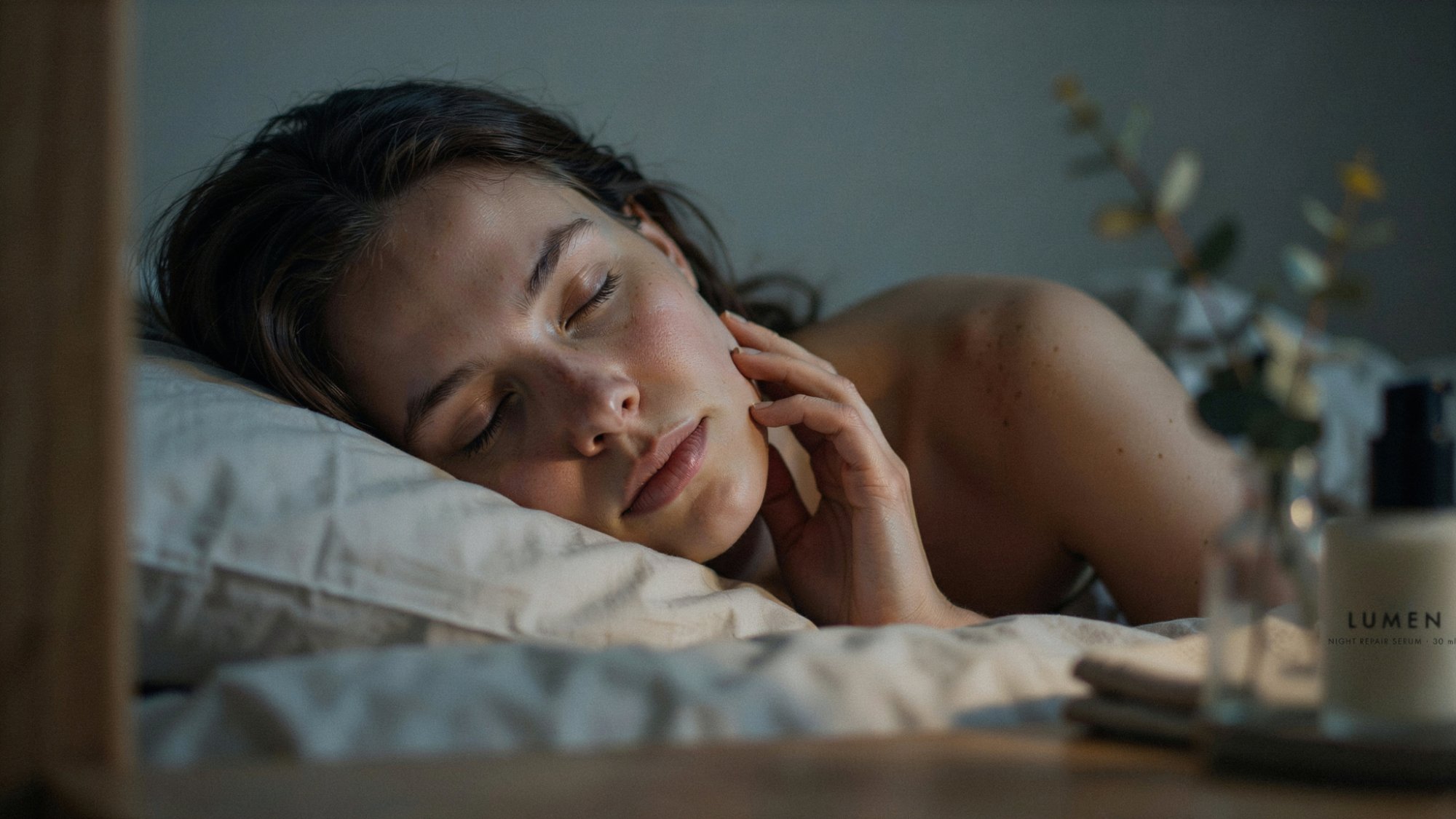 A person sleeping peacefully, emphasizing skin healing overnight.