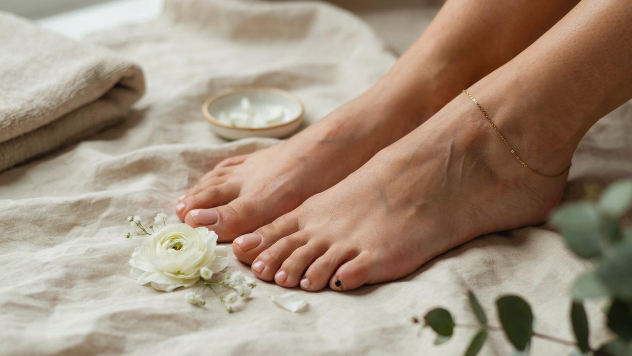 Elegant feet showcasing a minimalist dot nail art pedicure in a clean and modern spa-inspired setting.