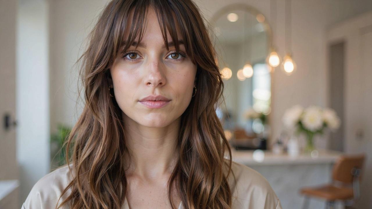 Woman with face-framing bangs blending into layered hair.