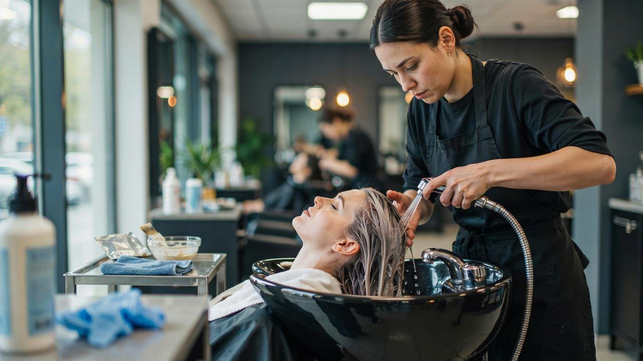 Stylist rinsing and checking lightened hair before toning.