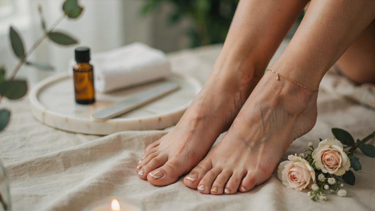 Beautifully groomed feet showcasing a chic negative space pedicure with minimalist geometric nail art in a luxurious spa setting.