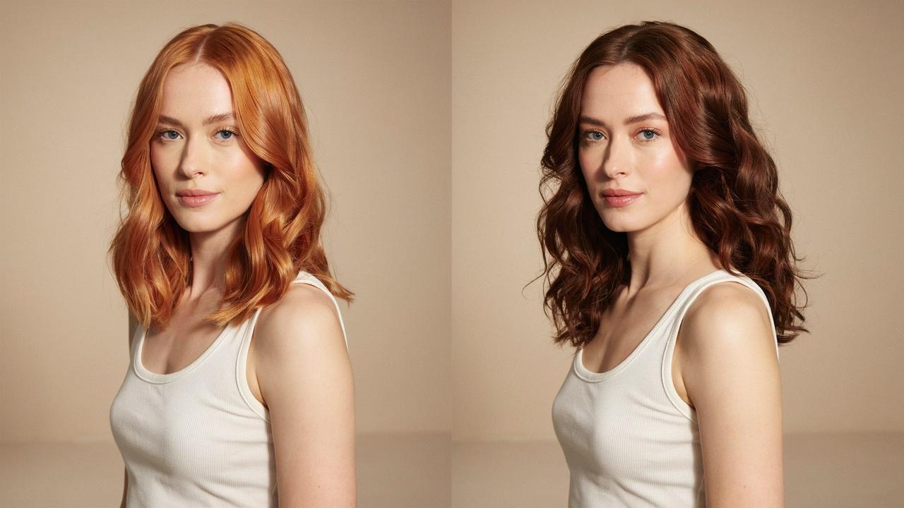 Side-by-side comparison of vibrant copper hair and deep auburn hair highlighting the differences in tone and depth between the two colors.