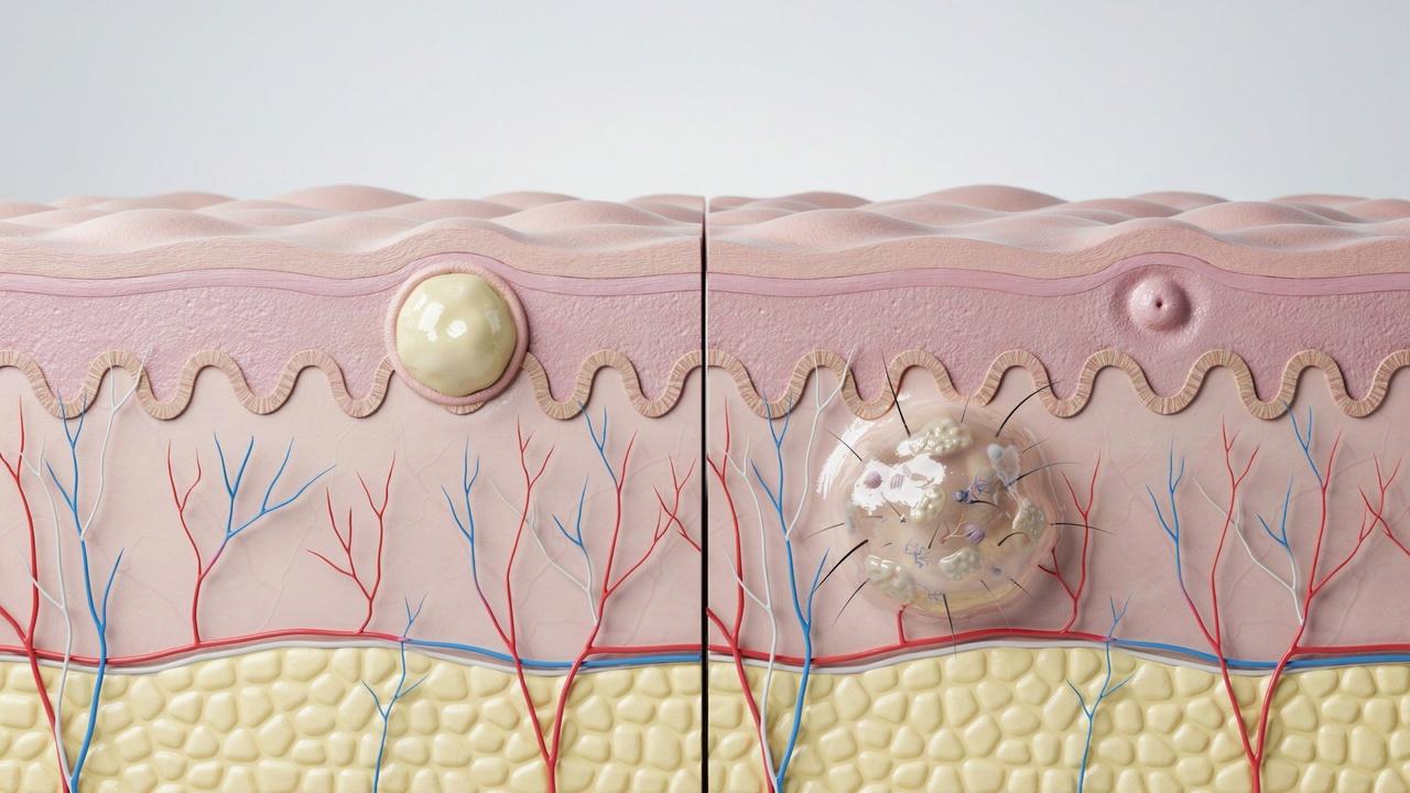 Cross-sectional illustration comparing an epidermoid cyst and a dermoid cyst beneath healthy skin.