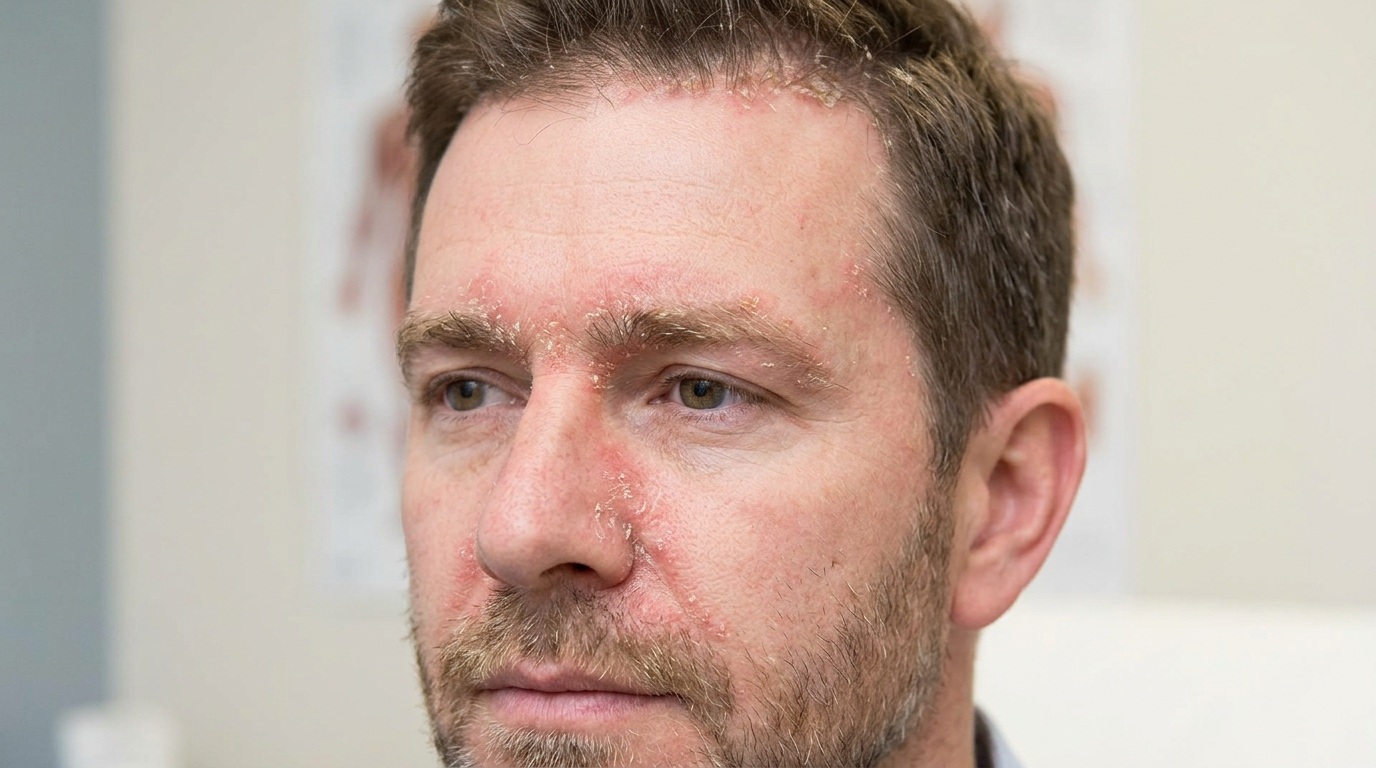 A man with a beard and shirt looks sideways, showing signs of seborrheic dermatitis around his eyebrows and nose.