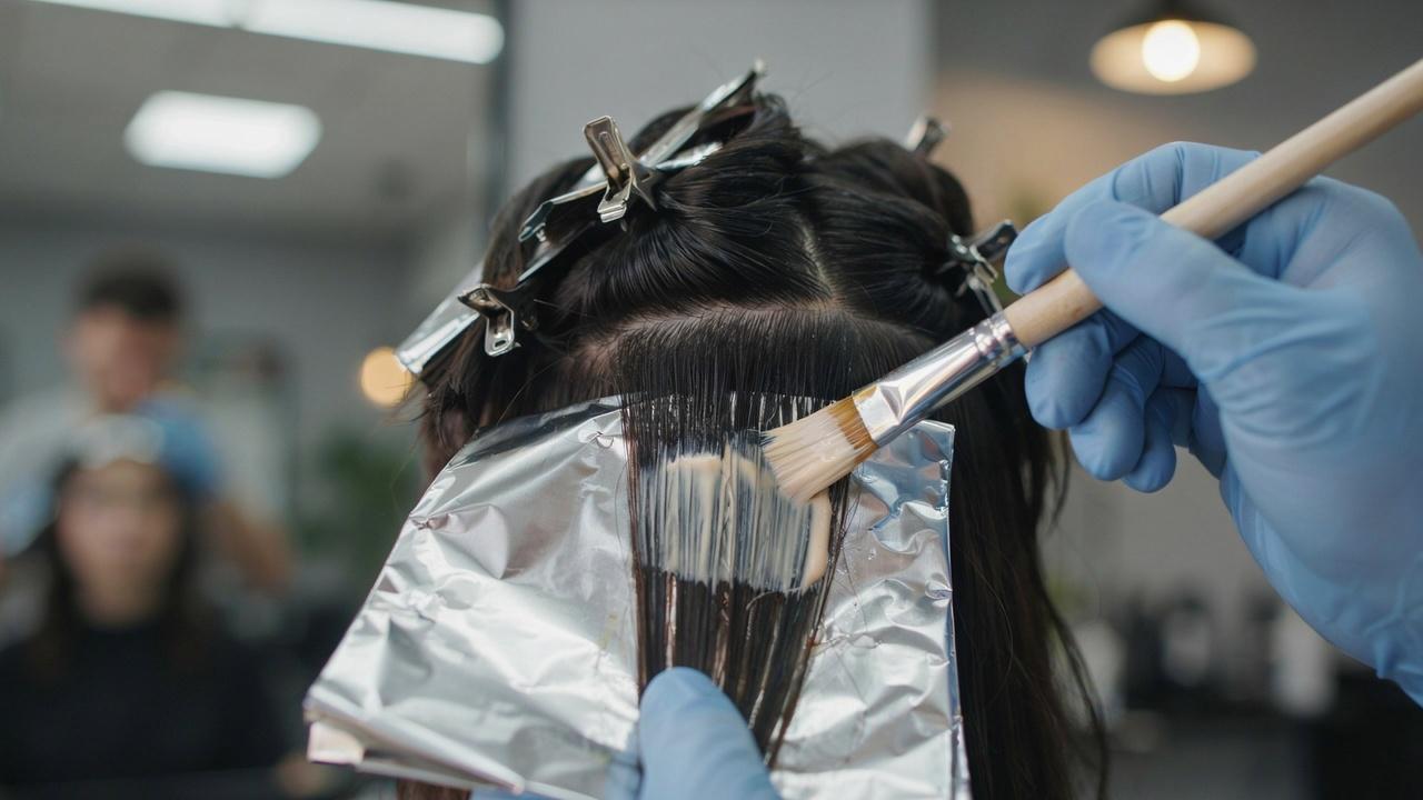 Hair being lightened with bleach during the first step of double process color.