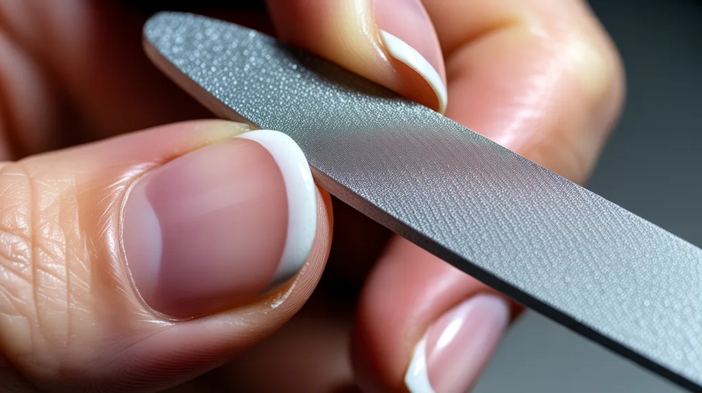 Filing a nail in one direction to reduce splitting.