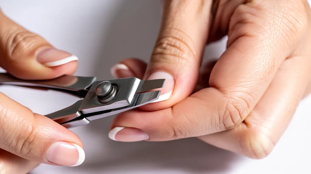 Trimming fingernails before shaping with a nail file.