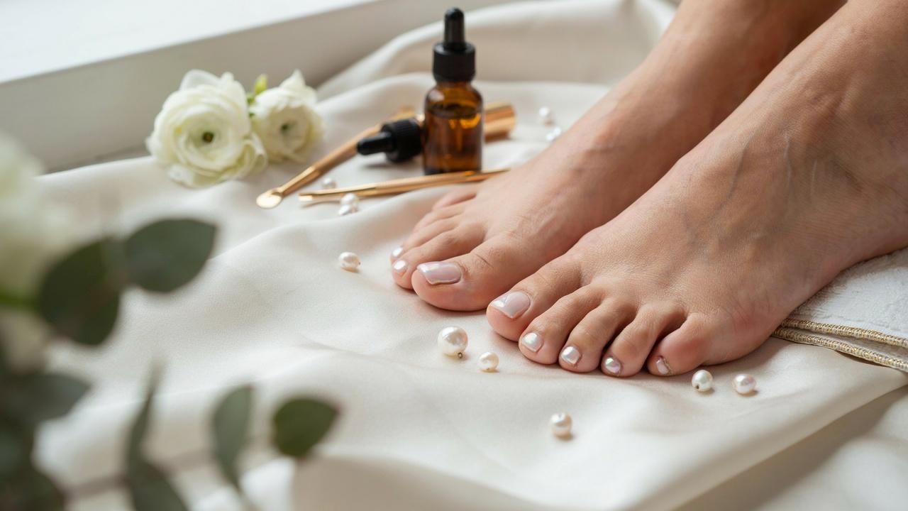 Beautifully groomed feet featuring a glossy glazed donut pedicure with a pearly chrome shine in an elegant spa setting.