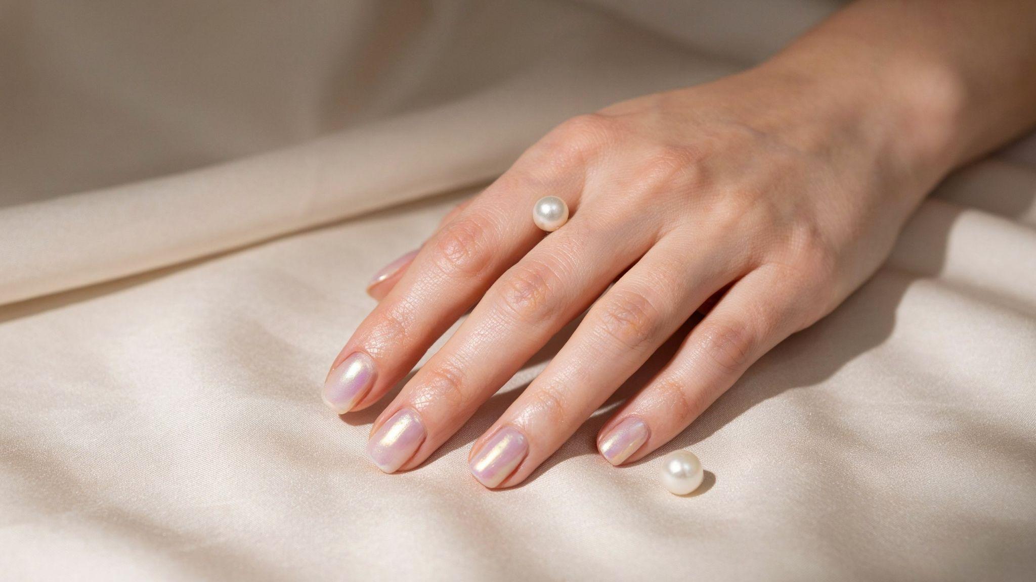 Glossy glazed donut short square nails with pearly shimmer creating elegant luminous everyday manicure inspiration beautifully.