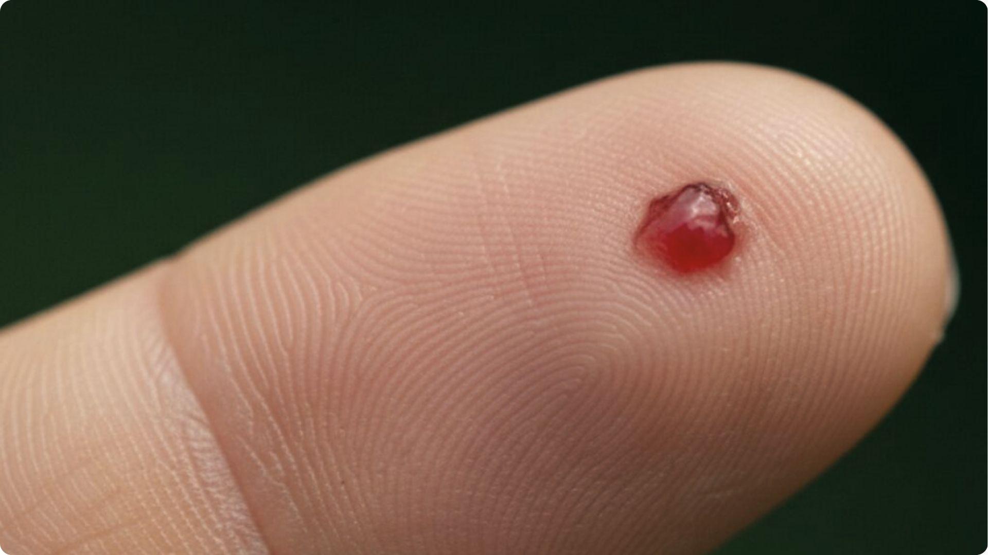 Close-up of a bright red pyogenic granuloma on healthy skin.