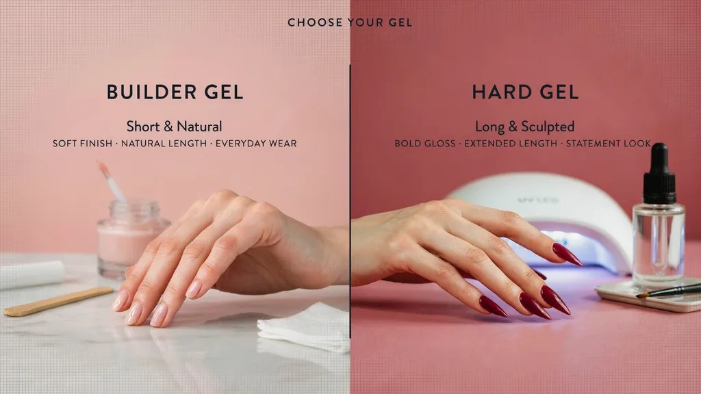 Comparison of builder gel and hard gel nail styles for different nail extension needs.