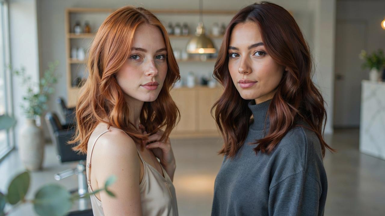 Two women with copper and auburn hair colors side by side, helping illustrate the choice between the warm copper and deep auburn shades.