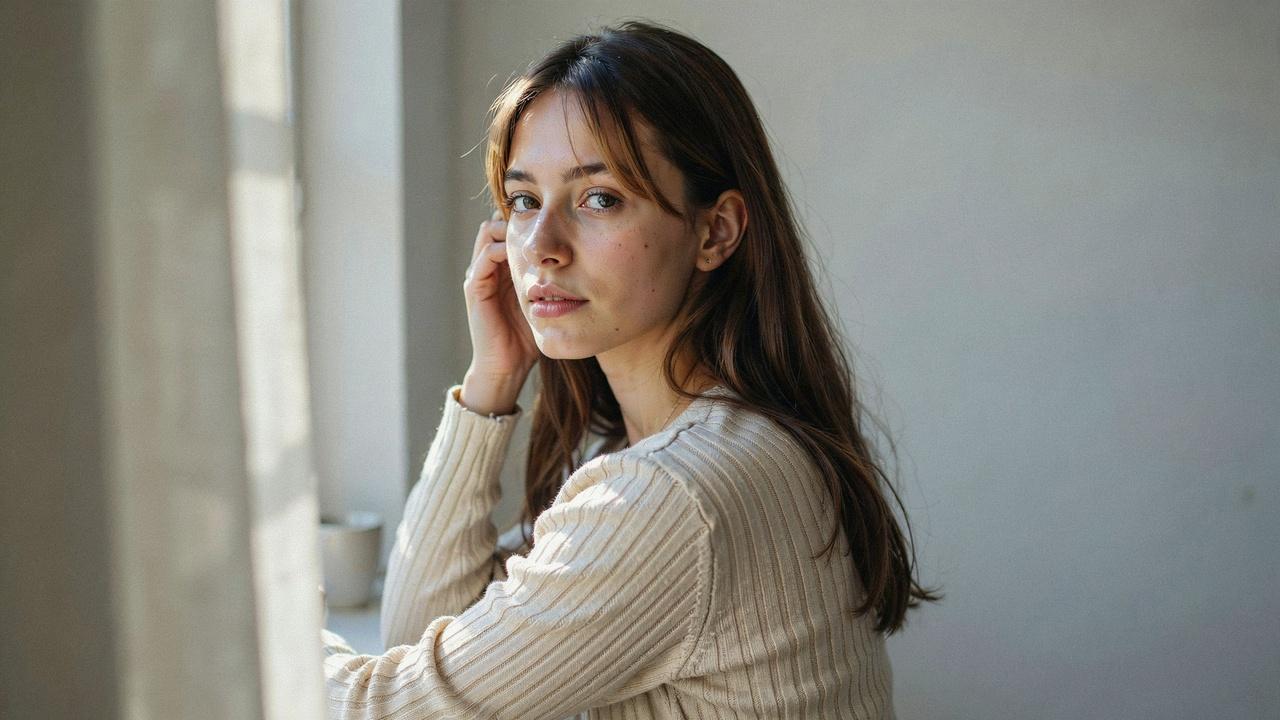 Woman with subtle peekaboo bangs hidden beneath longer hair.
