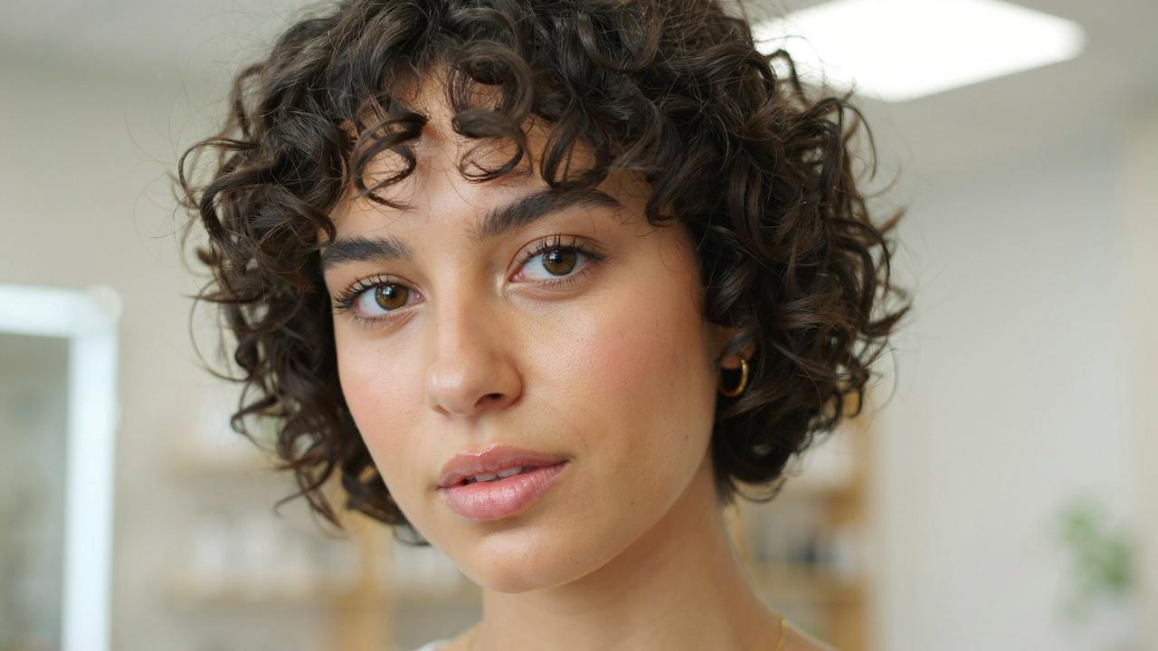 Woman with naturally curly bangs and defined curls.