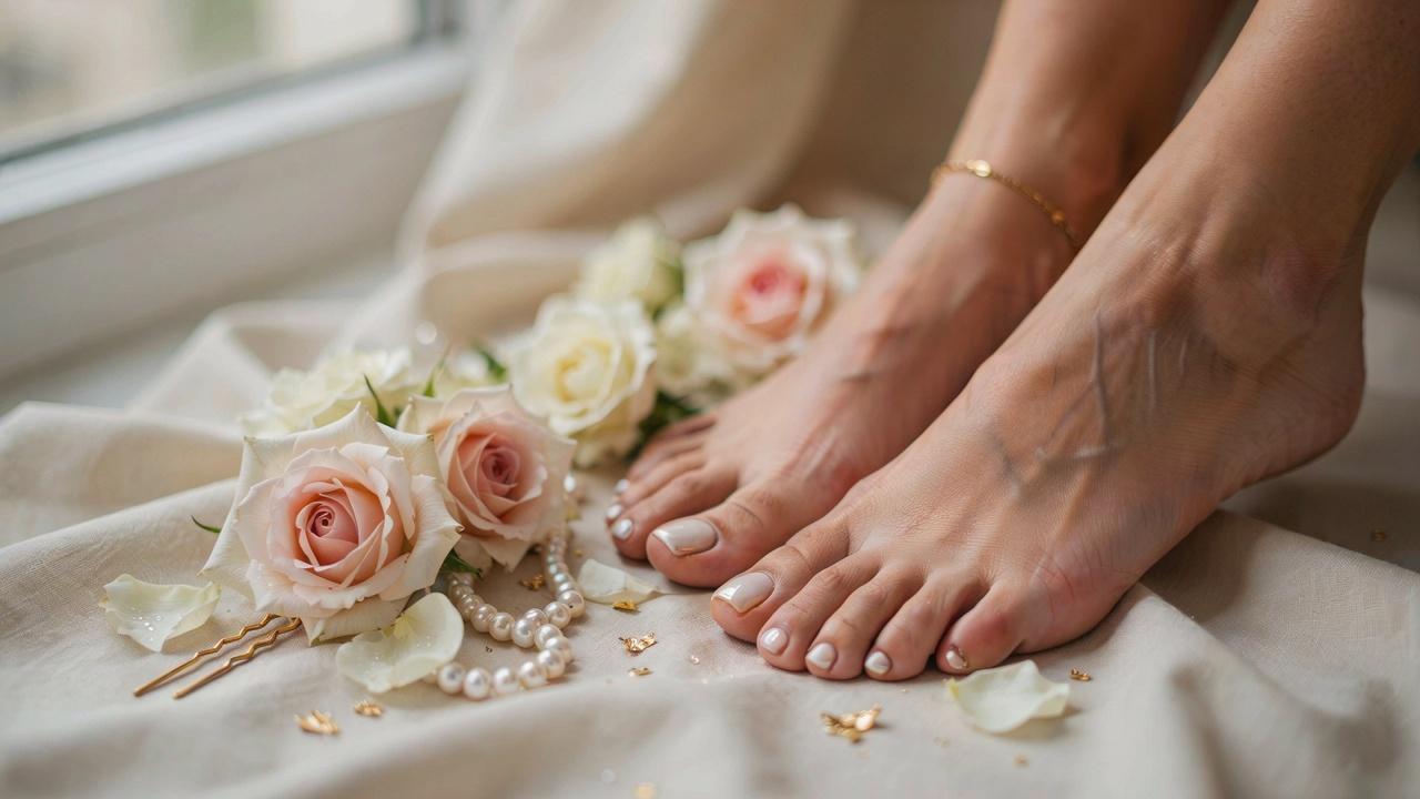 Beautifully groomed feet showcasing a glossy ivory cream pedicure in an elegant spa-inspired setting.