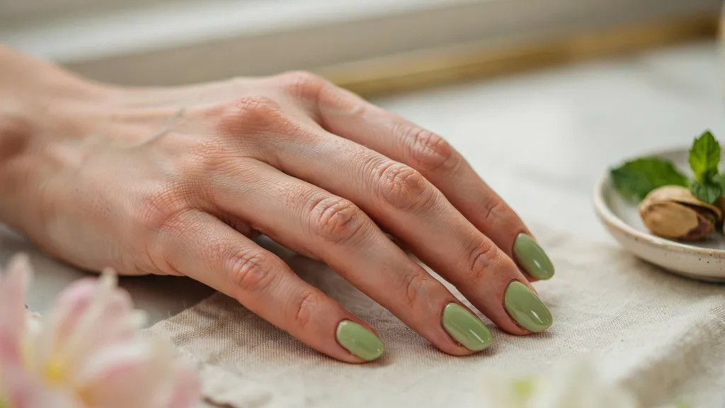 Glossy pistachio green manicure with a soft pastel appearance.