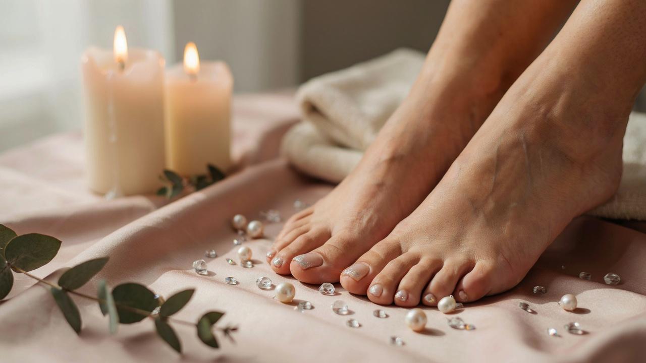 Elegant feet showcasing a glitter French tip pedicure with sparkling accents in a luxurious spa-inspired setting.