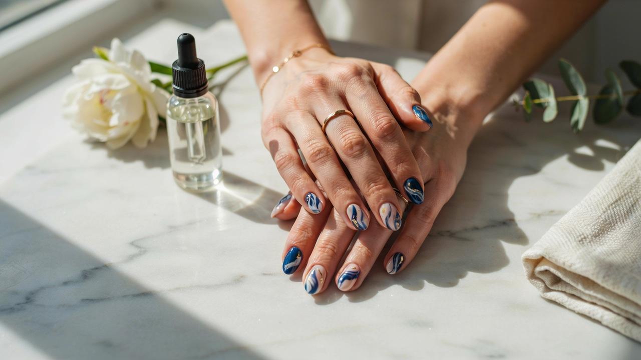 Close-up of classy blue and white marble nail art with glossy swirls and subtle gold accents.