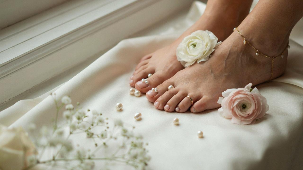 Elegant feet showcasing a glossy nude pedicure with delicate pearl accents in a luxurious spa-inspired setting.