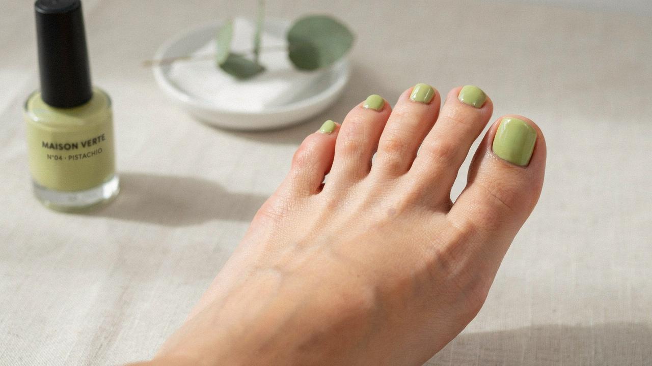 Pistachio green toe nails with a modern glossy finish.