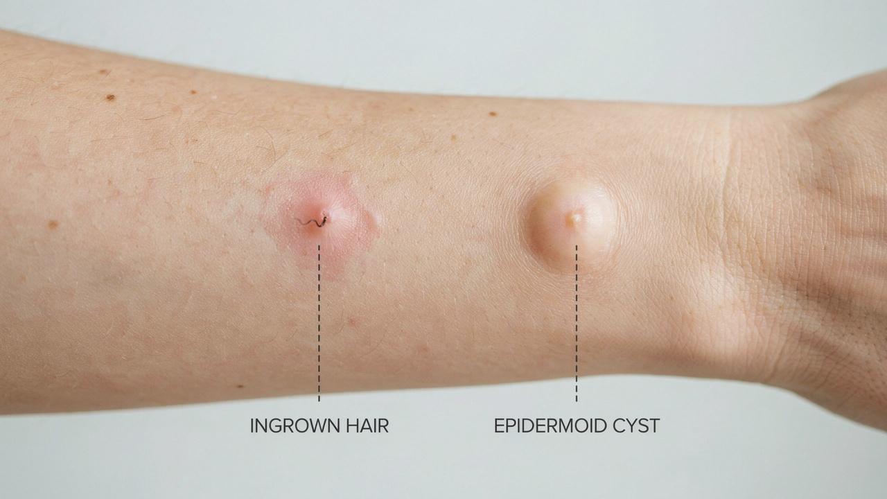 Visual comparison showing the key differences between an ingrown hair and a skin cyst.